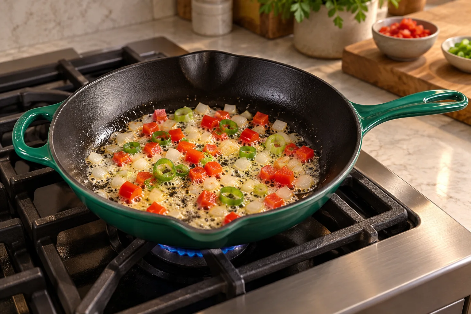 Red pepper and onions softening in the exact Artichaut skillet