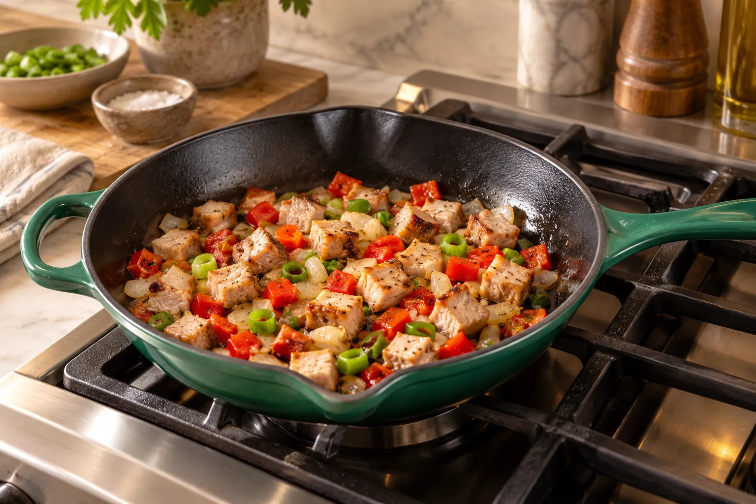 Fresh pork roast warming with peppers and onions in the Artichaut skillet