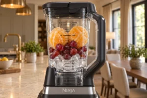 Frozen oranges red grapes water and ice loaded into the Ninja BN801