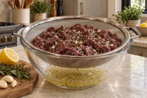 Raw liver marinating with lemon garlic and herbs in a supported sieve for Full GAPS