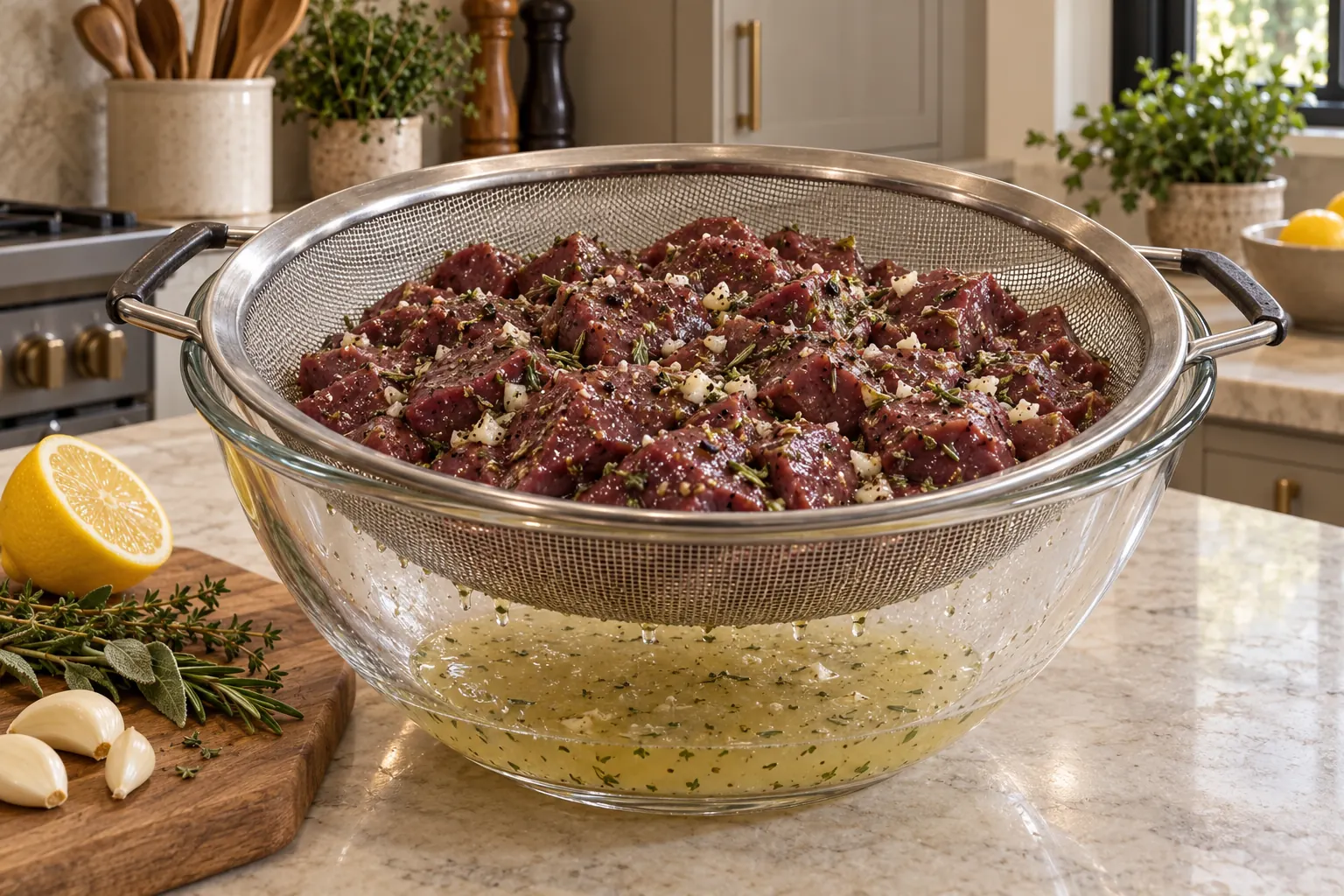 Raw liver marinating with lemon garlic and herbs in a supported sieve for Full GAPS
