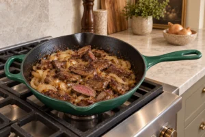 Thin liver slices and soft onions browning in the exact Artichaut skillet for Full GAPS