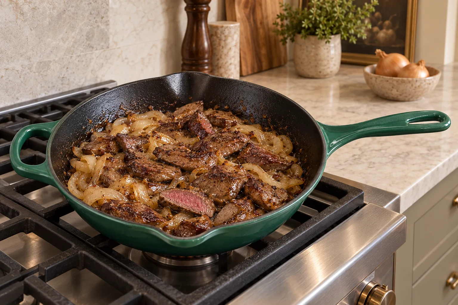 Thin liver slices and soft onions browning in the exact Artichaut skillet for Full GAPS