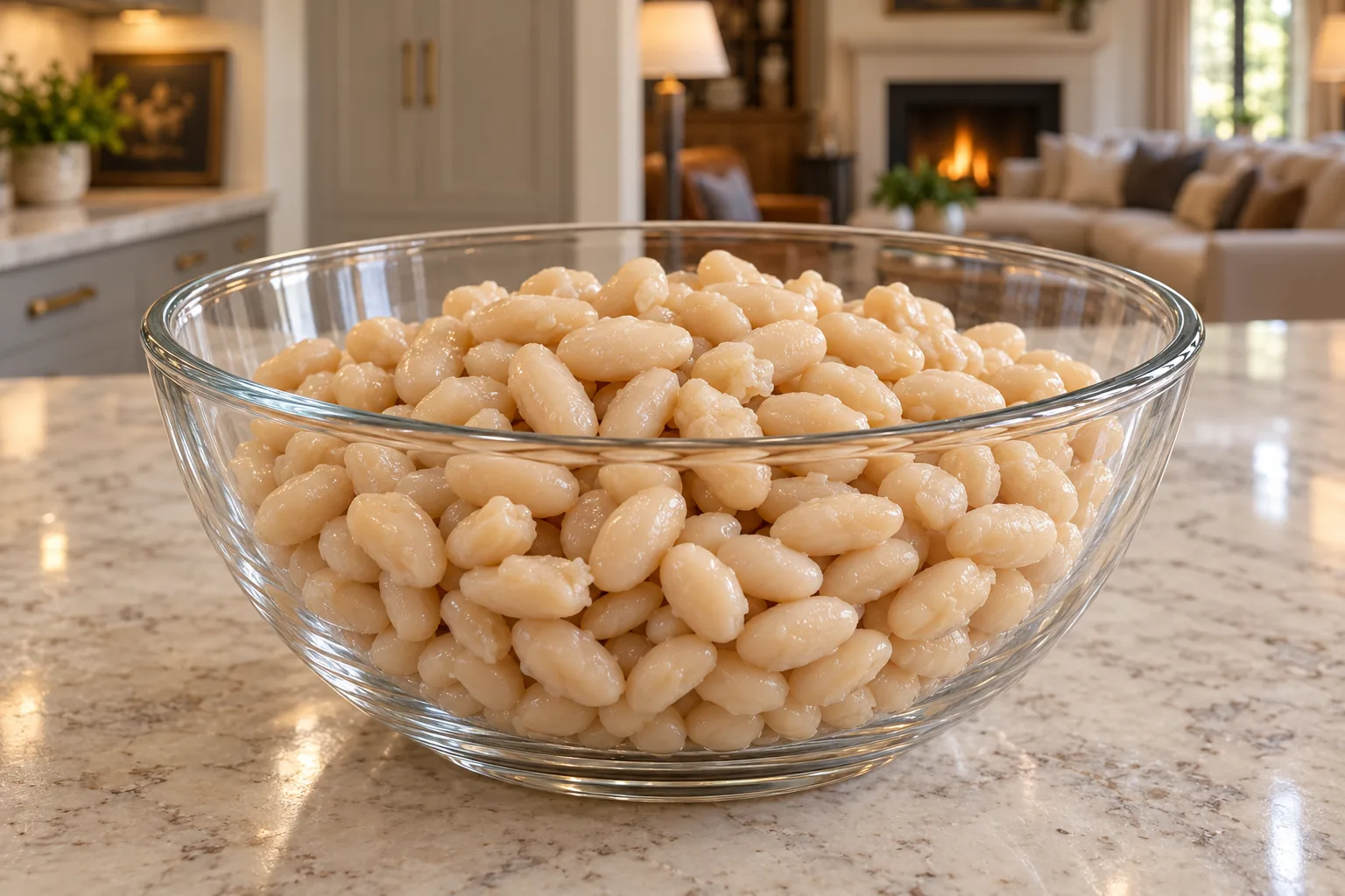 Prepared cooked tender white navy beans for hearty red chili