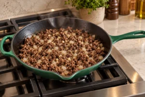 Ground beef onion and garlic browned in the exact Artichaut skillet