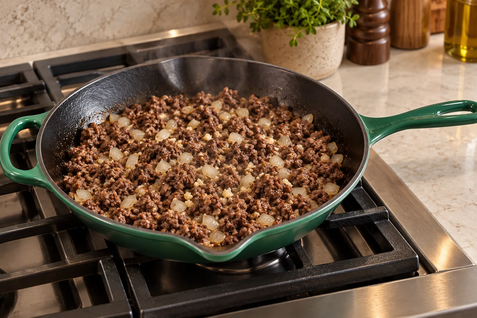 Ground beef onion and garlic browned in the exact Artichaut skillet