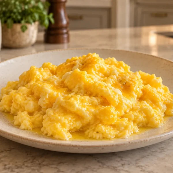 Soft high-fat scrambled eggs for Full GAPS on a cream plate