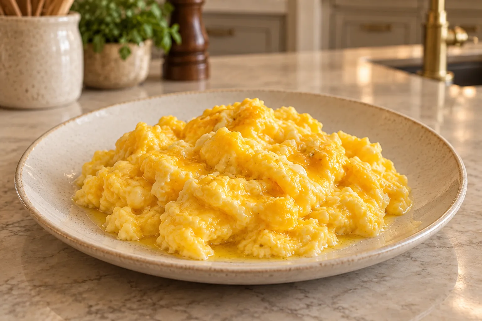 Soft high-fat scrambled eggs for Full GAPS on a cream plate