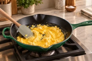 Two eggs forming soft moist curds in the exact Artichaut skillet