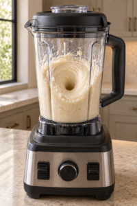 Coconut butter circulating on its own in a supported high-speed blender