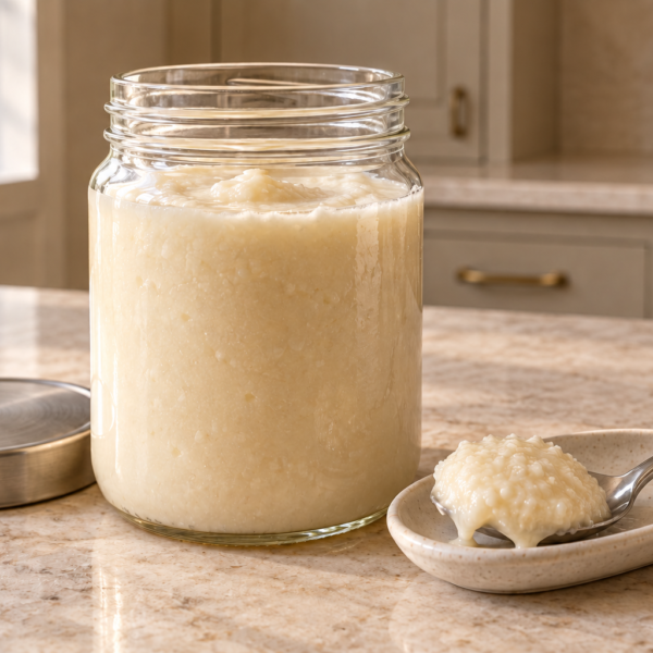 Homemade Full GAPS coconut butter in a clear glass jar with a spoonful beside it