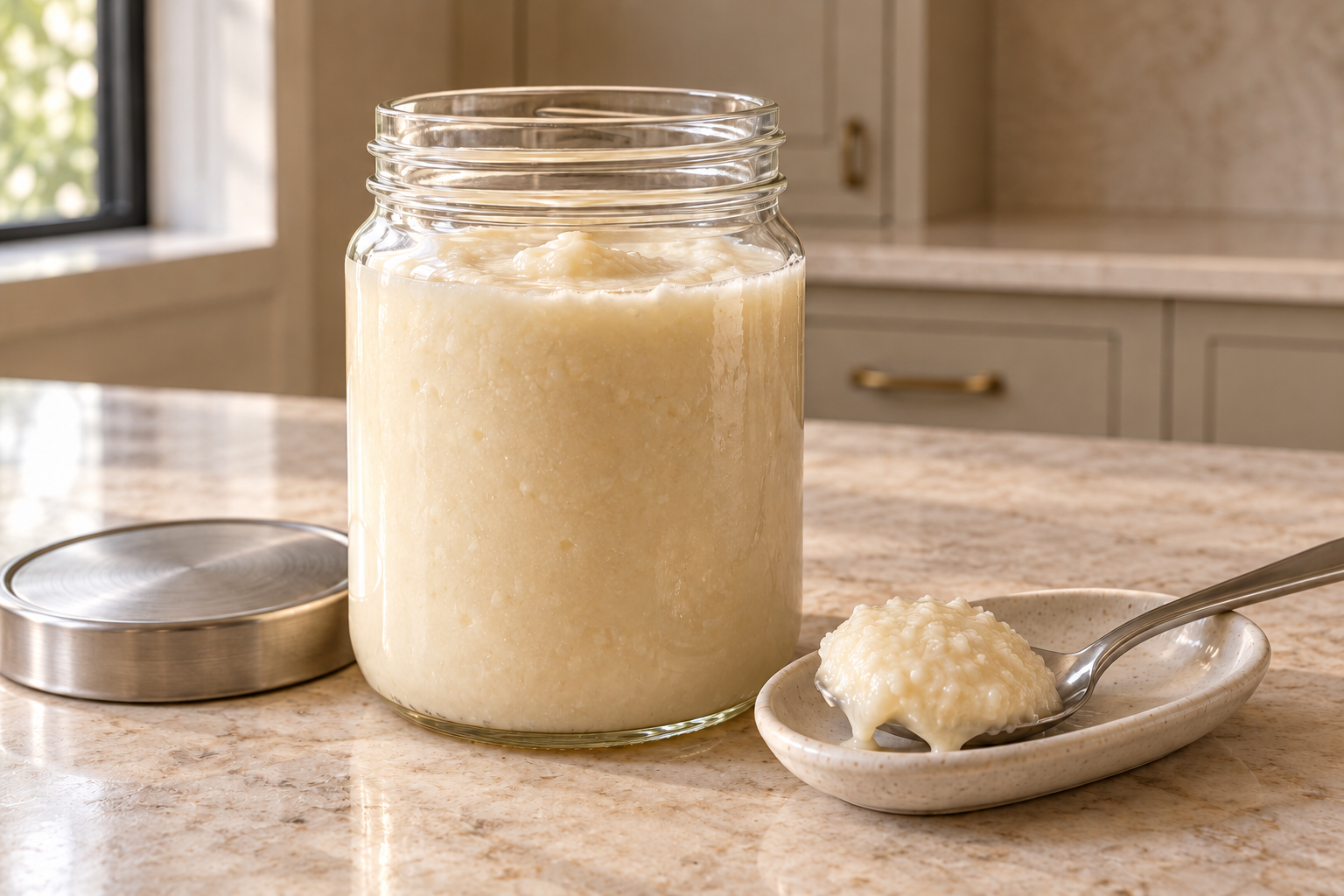 Homemade Full GAPS coconut butter in a clear glass jar with a spoonful beside it