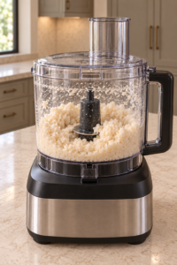 Dried coconut at the damp paste stage in a supported food processor