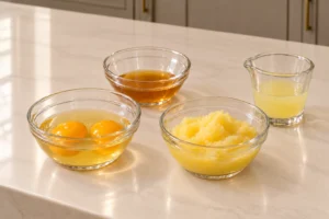 Two eggs, 50 grams honey, 80 grams homemade ghee and seed-free lemon juice measured for Full GAPS honey lemon butter