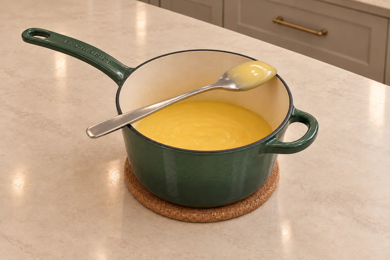 Full GAPS honey lemon butter coating a resting spoon in an Artichaut saucepan on a heat-safe trivet
