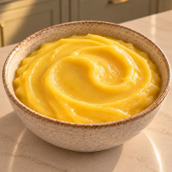 Honey lemon butter with homemade ghee for Full GAPS, smooth plain yellow custard in a small ceramic bowl