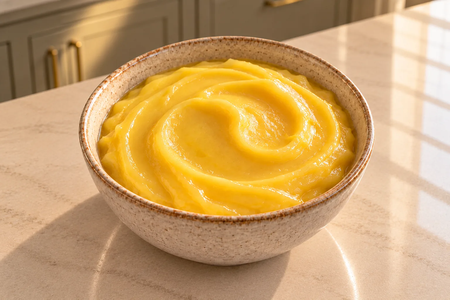 Honey lemon butter with homemade ghee for Full GAPS, smooth plain yellow custard in a small ceramic bowl