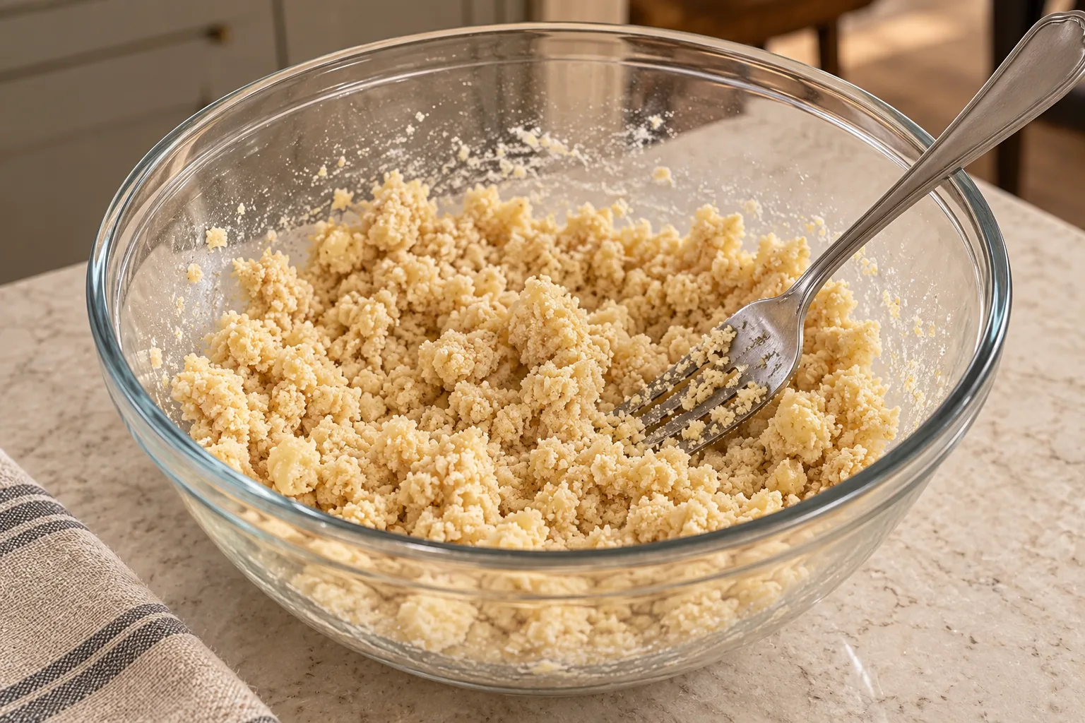 Almond flour crust mixture at the coarse-chunk stage