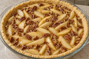 Four sliced pears pecans and honey egg filling in the unbaked pie