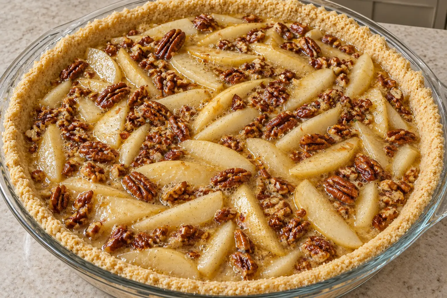 Four sliced pears pecans and honey egg filling in the unbaked pie