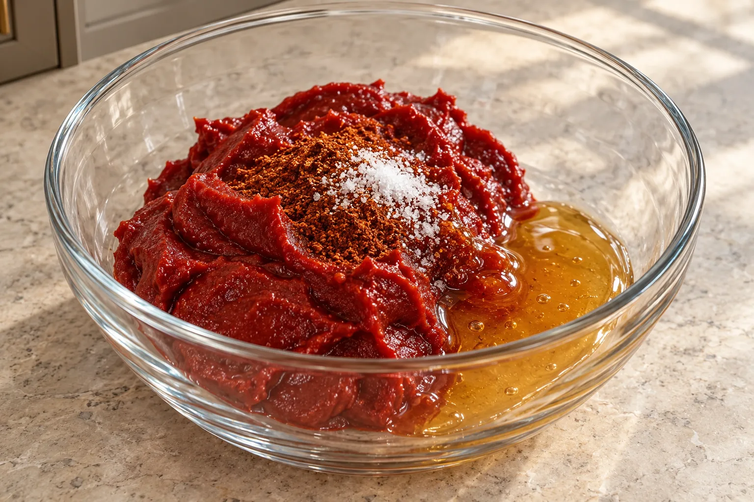 Tomato paste, honey, chili powder and salt before mixing the Full GAPS meatloaf glaze