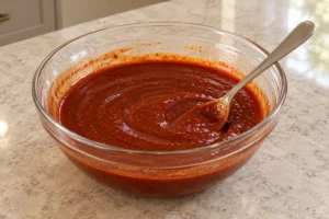 Smooth honey tomato glaze after beef meat stock is stirred in, with sauce coating the used spoon