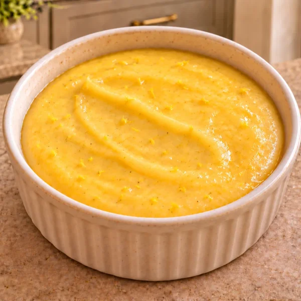 Honey vanilla bean lemon curd, pale gold with tiny vanilla flecks, served in an ivory ramekin.