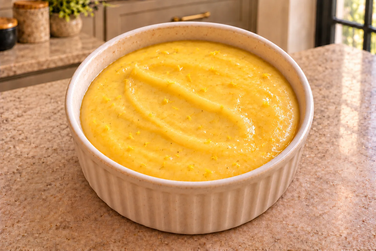 Honey vanilla bean lemon curd with a smooth pale-gold surface and vanilla specks in an ivory ramekin