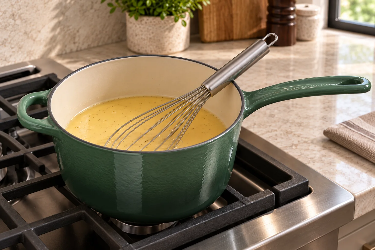 Smooth pale-yellow egg, lemon, honey, and vanilla mixture in an Artichaut Le Creuset saucepan before heating