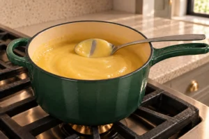 Thick honey vanilla bean lemon curd coating the back of a spoon in an Artichaut Le Creuset saucepan at 170&deg;F.