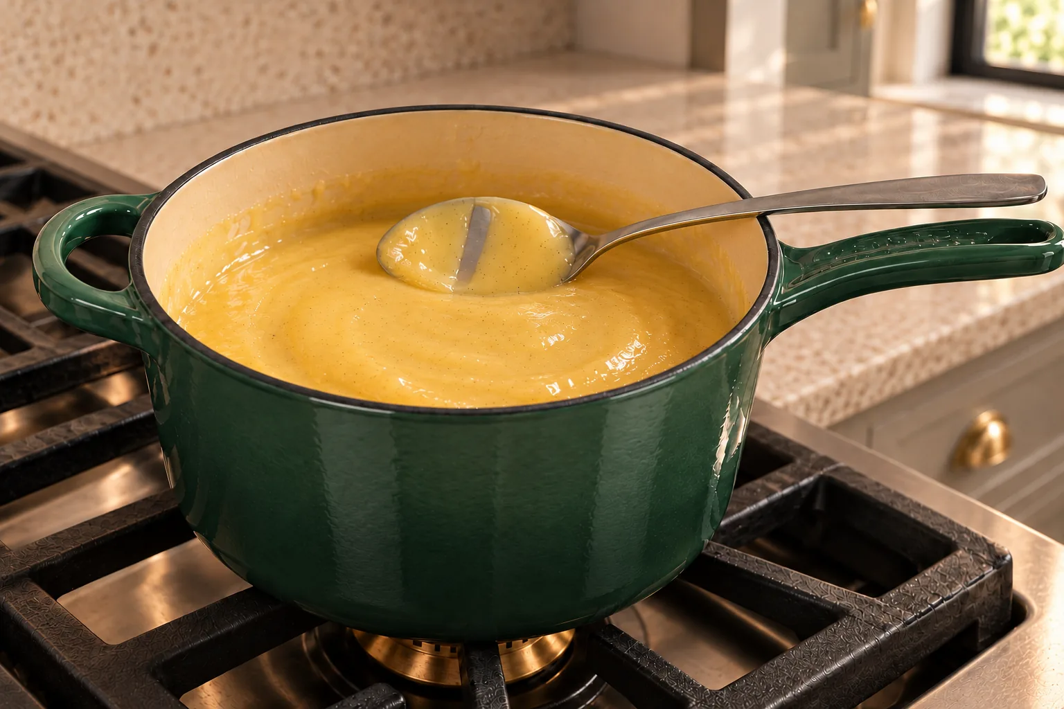 Thick honey lemon curd at 170&deg;F coating a spoon in the Artichaut saucepan