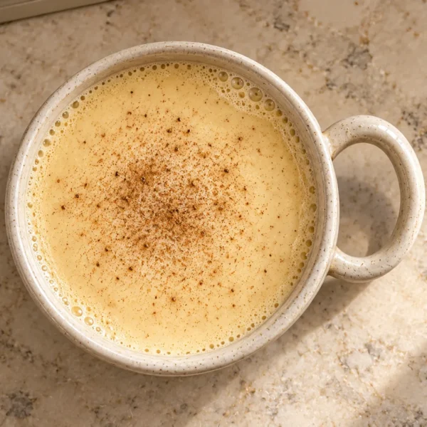 Hot coconut milk eggnog with cinnamon and nutmeg for Full GAPS in an ivory mug