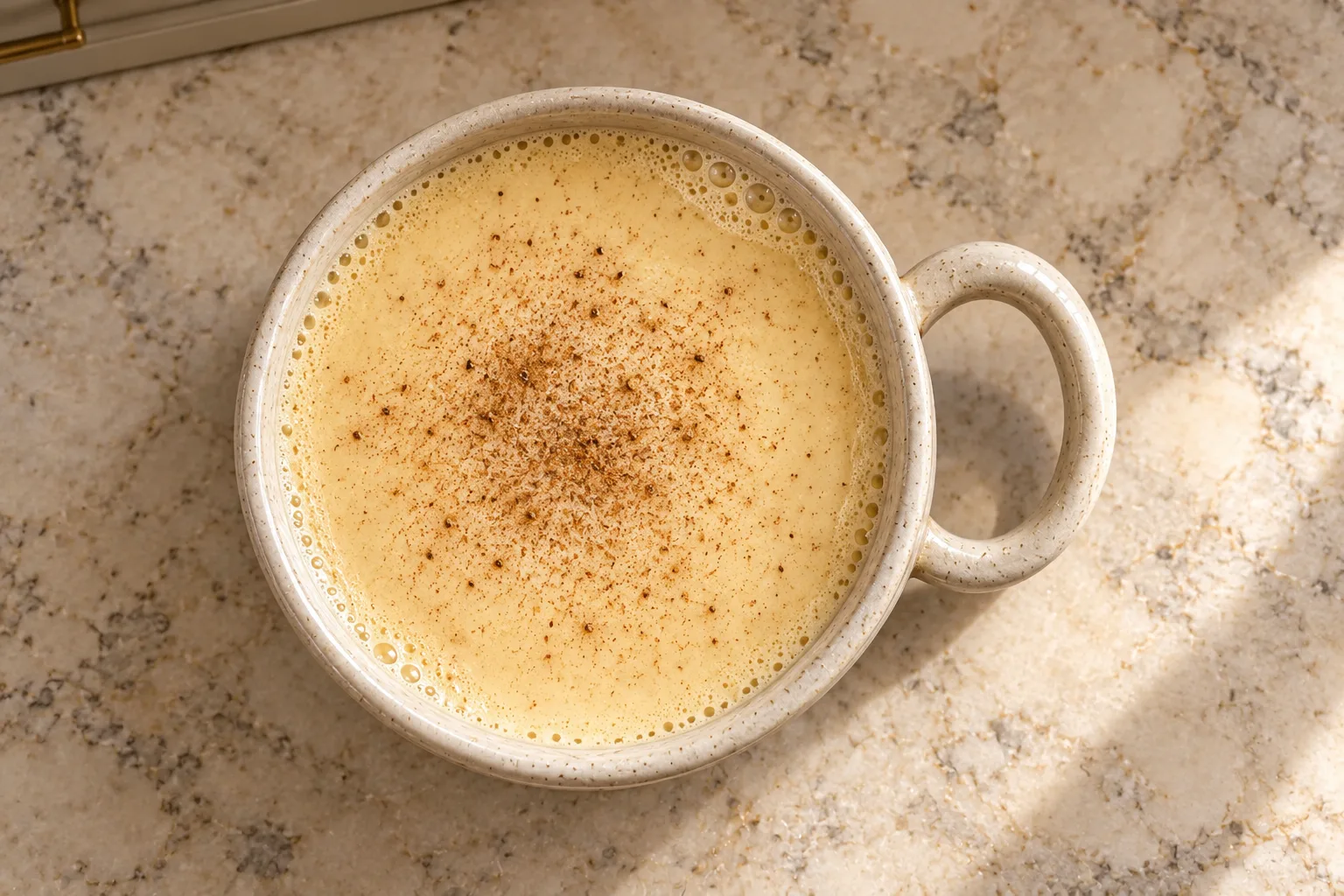 Hot coconut milk eggnog with cinnamon and nutmeg for Full GAPS in an ivory mug