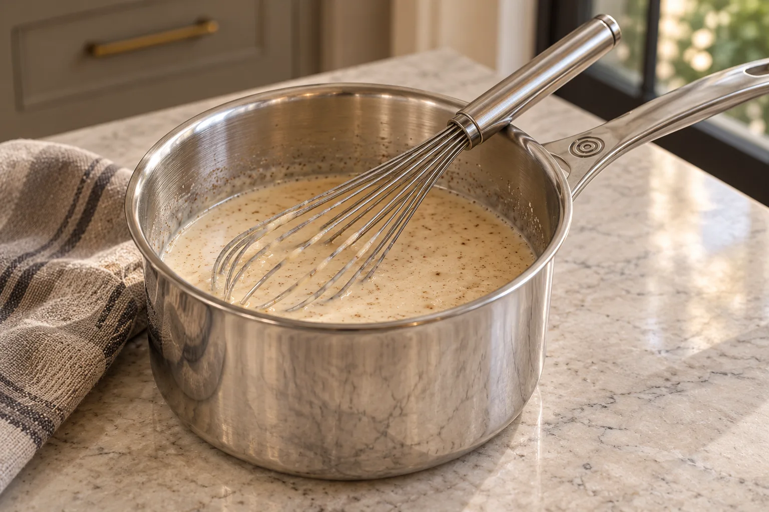Spiced egg and coconut milk mixture for Full GAPS with a coated whisk in a Le Creuset stainless saucepan before heating