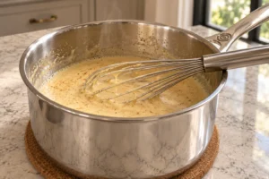 Smooth cooked Full GAPS coconut milk eggnog with a coated whisk resting in its saucepan