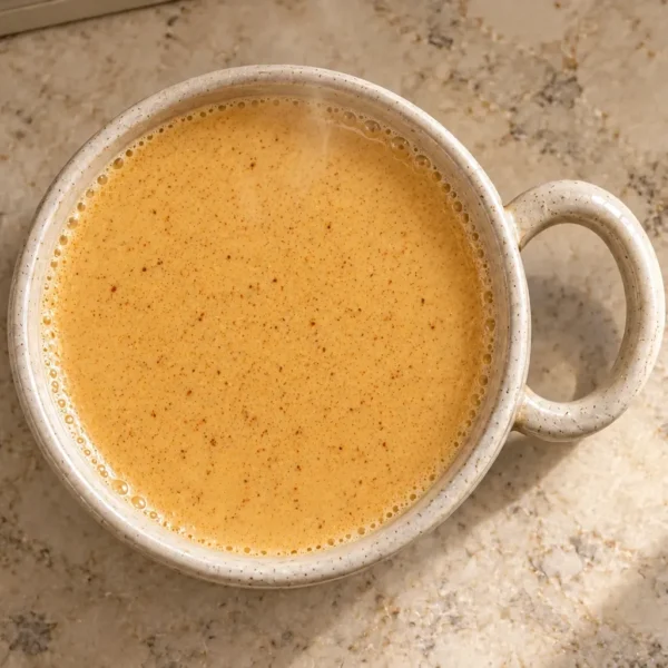 Hot pumpkin spice eggnog for Full GAPS in an ivory mug