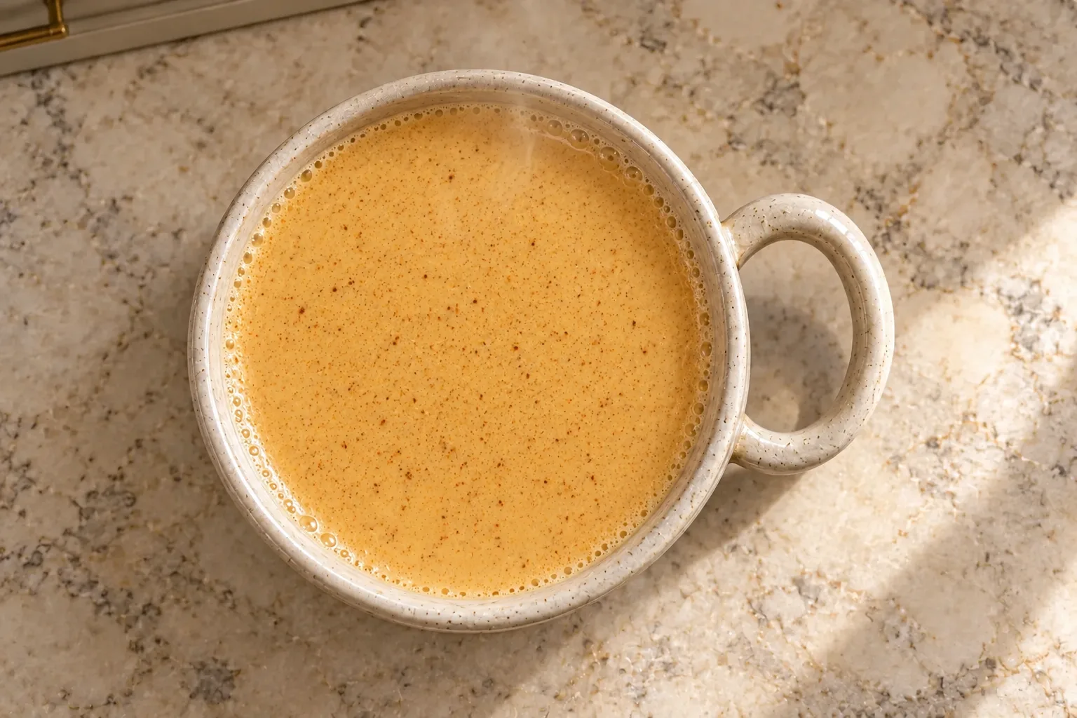 Hot pumpkin spice eggnog for Full GAPS in an ivory mug