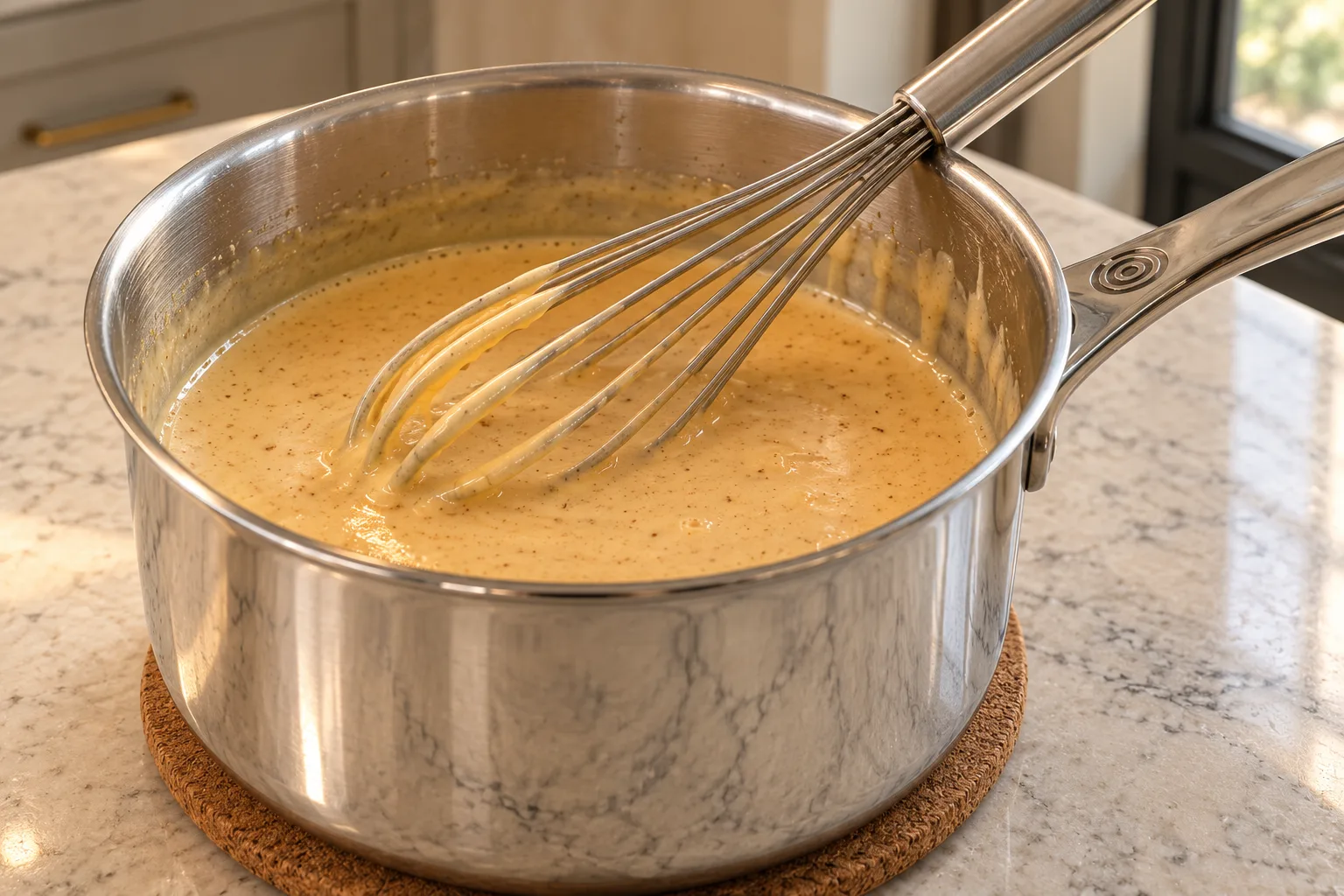 Warm smooth pumpkin spice eggnog for Full GAPS in a stainless saucepan with a coated whisk