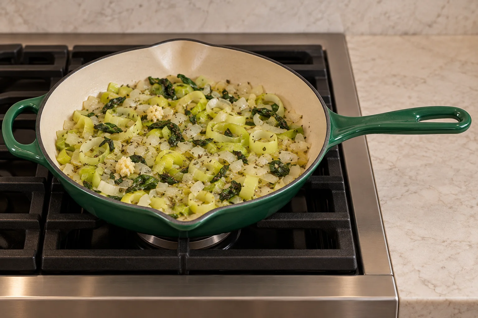 Soft leeks, onion, basil, garlic, and oregano in the Artichaut skillet