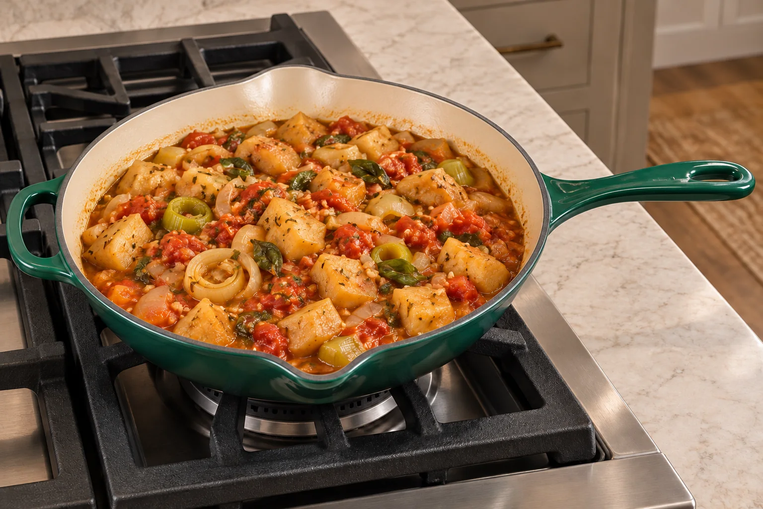 Tender peeled eggplant with leeks and fresh tomatoes after covered cooking