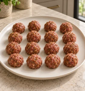 Sixteen raw one-inch beef meatballs seasoned for coconut korma curry