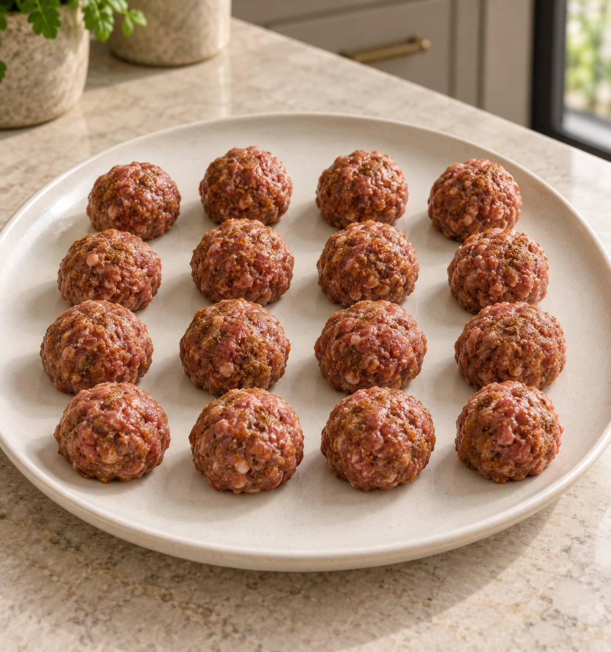 Sixteen raw one-inch beef meatballs seasoned for coconut korma curry