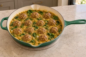 Bright spinach just wilted into coconut meatball korma curry in an Artichaut skillet