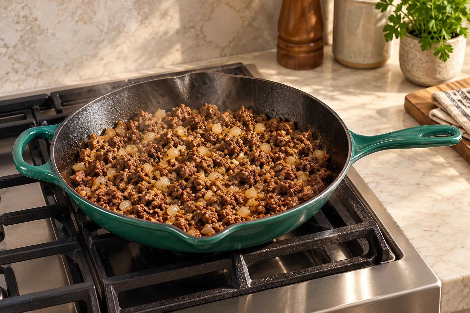 Cumin ground beef cooked into small crumbles in the exact Artichaut skillet