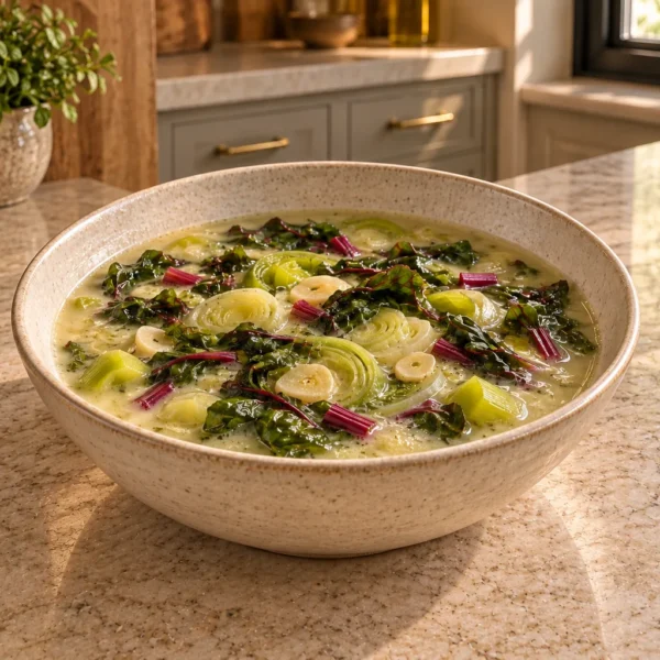 Leek and beet green coconut soup for Full GAPS in a cream bowl on the WFLI kitchen counter