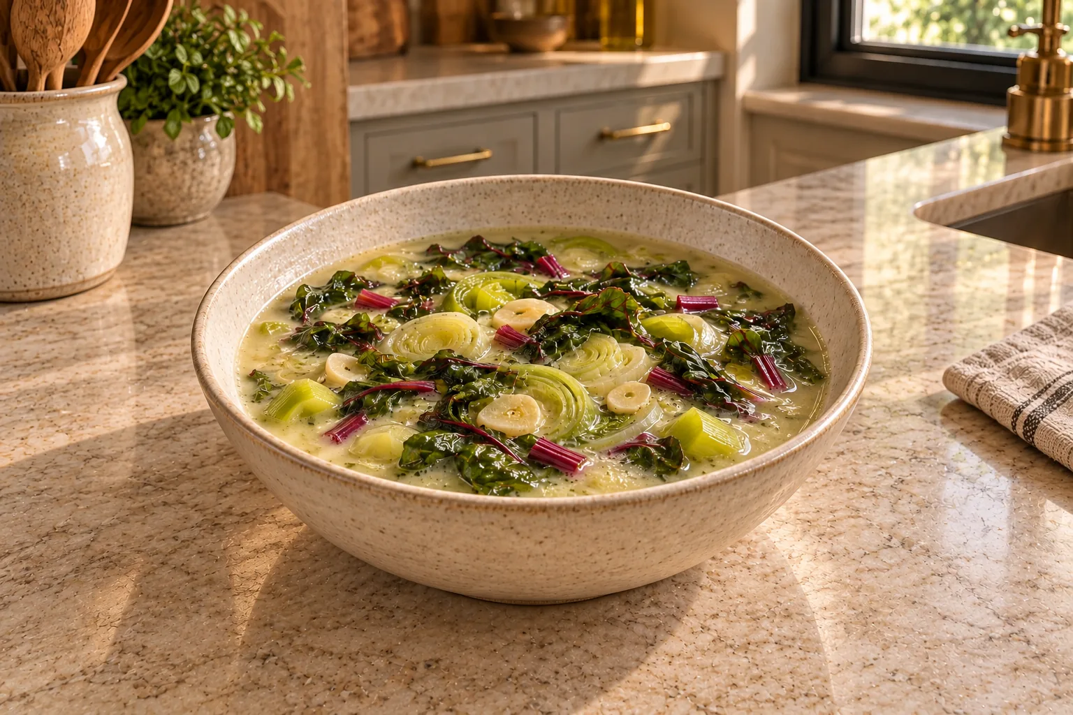 Leek and beet green coconut soup for Full GAPS in a cream bowl on the WFLI kitchen counter