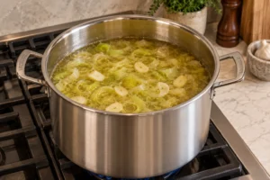 Softened leeks and sliced garlic cooking in chicken meat stock for Full GAPS soup