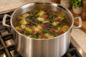 Tender beet stems and wilted beet greens cooking in the Full GAPS soup before coconut milk
