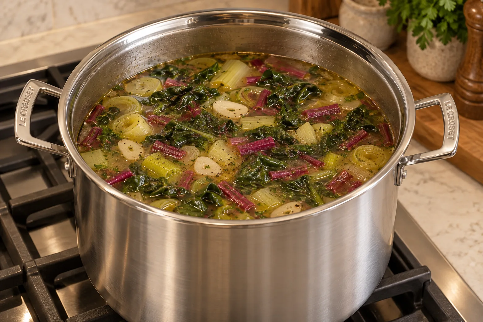 Tender beet stems and wilted beet greens cooking in the Full GAPS soup before coconut milk