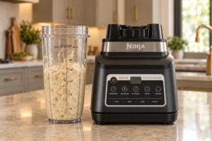 Blended chicken patty mixture beside the Ninja BN801